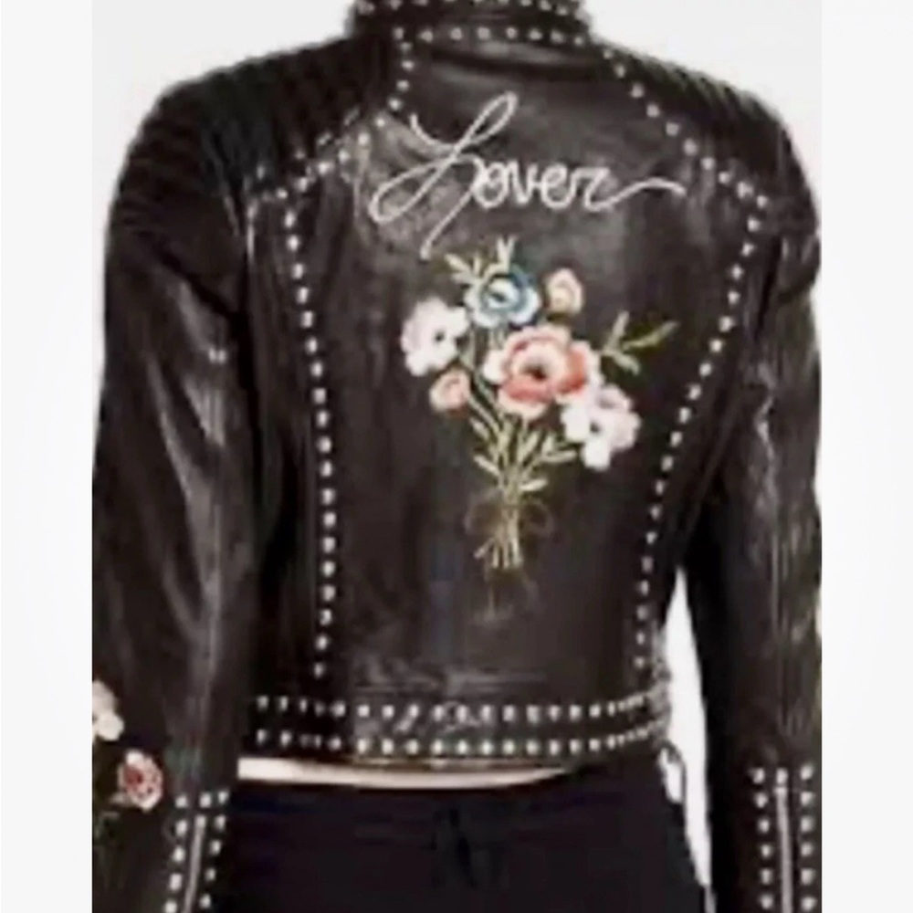 Cinq a Sept Black Leather Jacket with Floral Embroidery lover Taylor swift - Picture 3 of 10